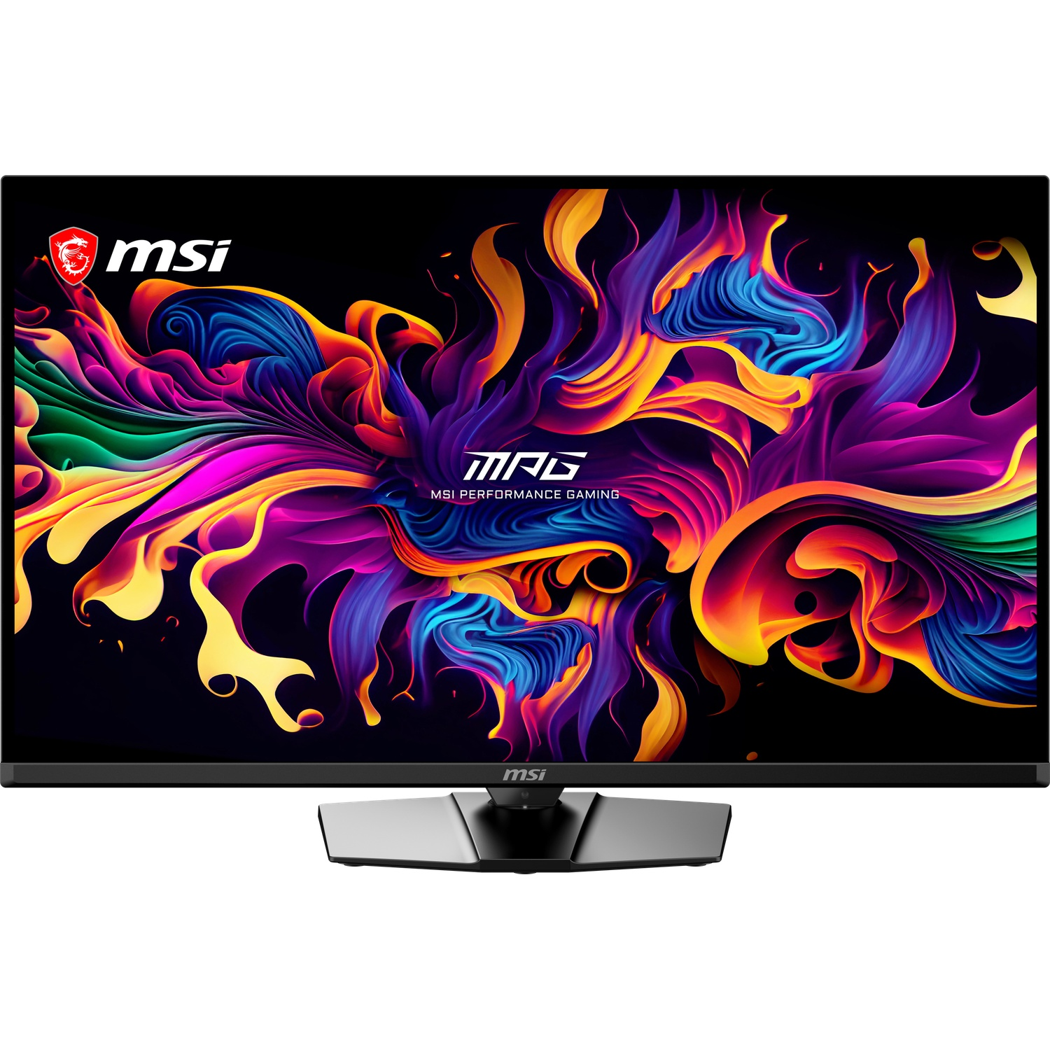 Un écran gamer MSI noir affiche un design abstrait coloré et vibrant avec logo MSI.