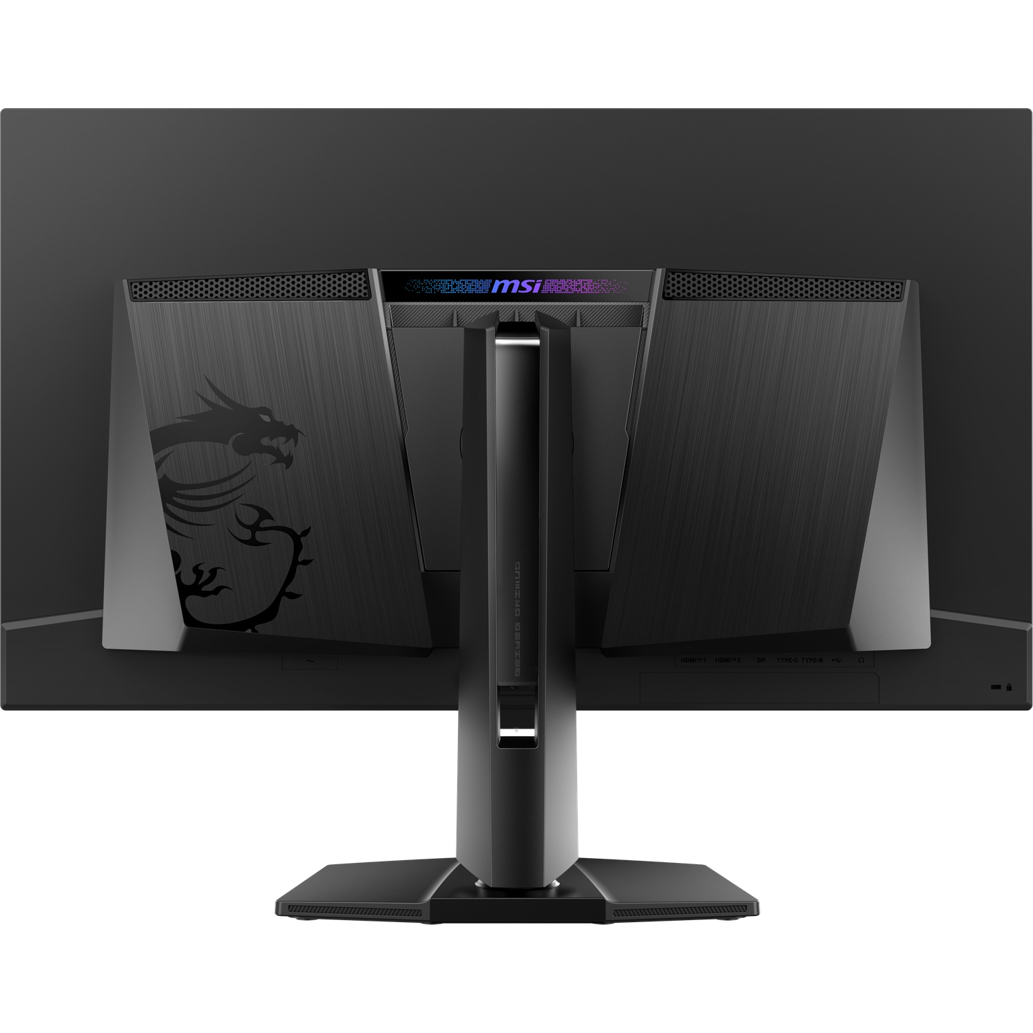 Arrière d'un moniteur gaming MSI noir avec logo dragon et ports.