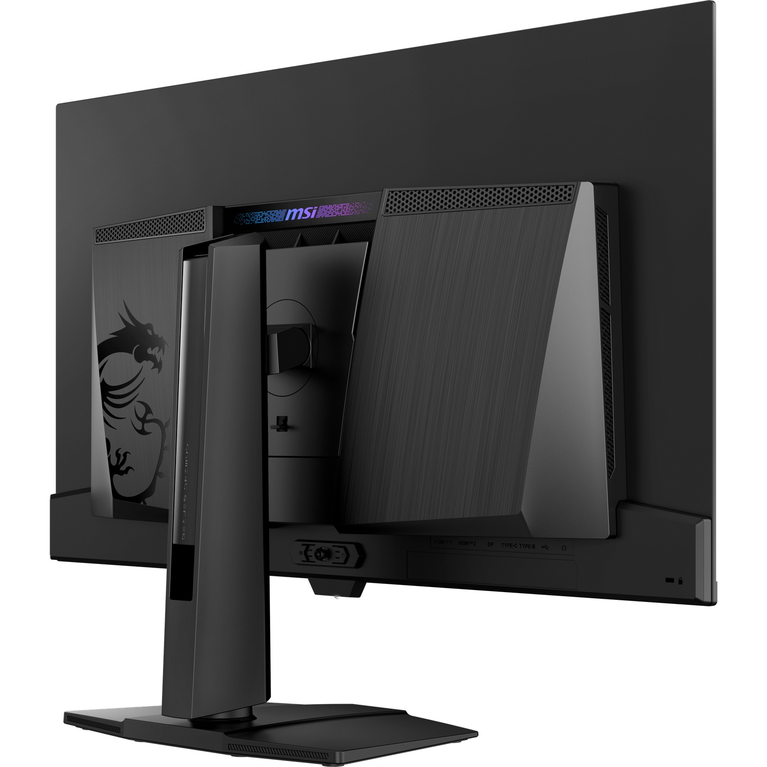 Arrière d'un moniteur gaming MSI noir avec logo dragon et ports visibles.
