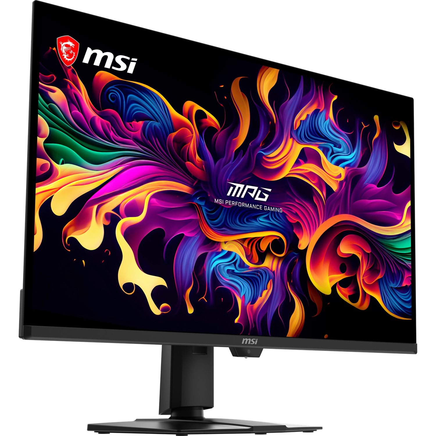 Moniteur MSI affichant une œuvre d'art abstraite et vibrante, pied noir.