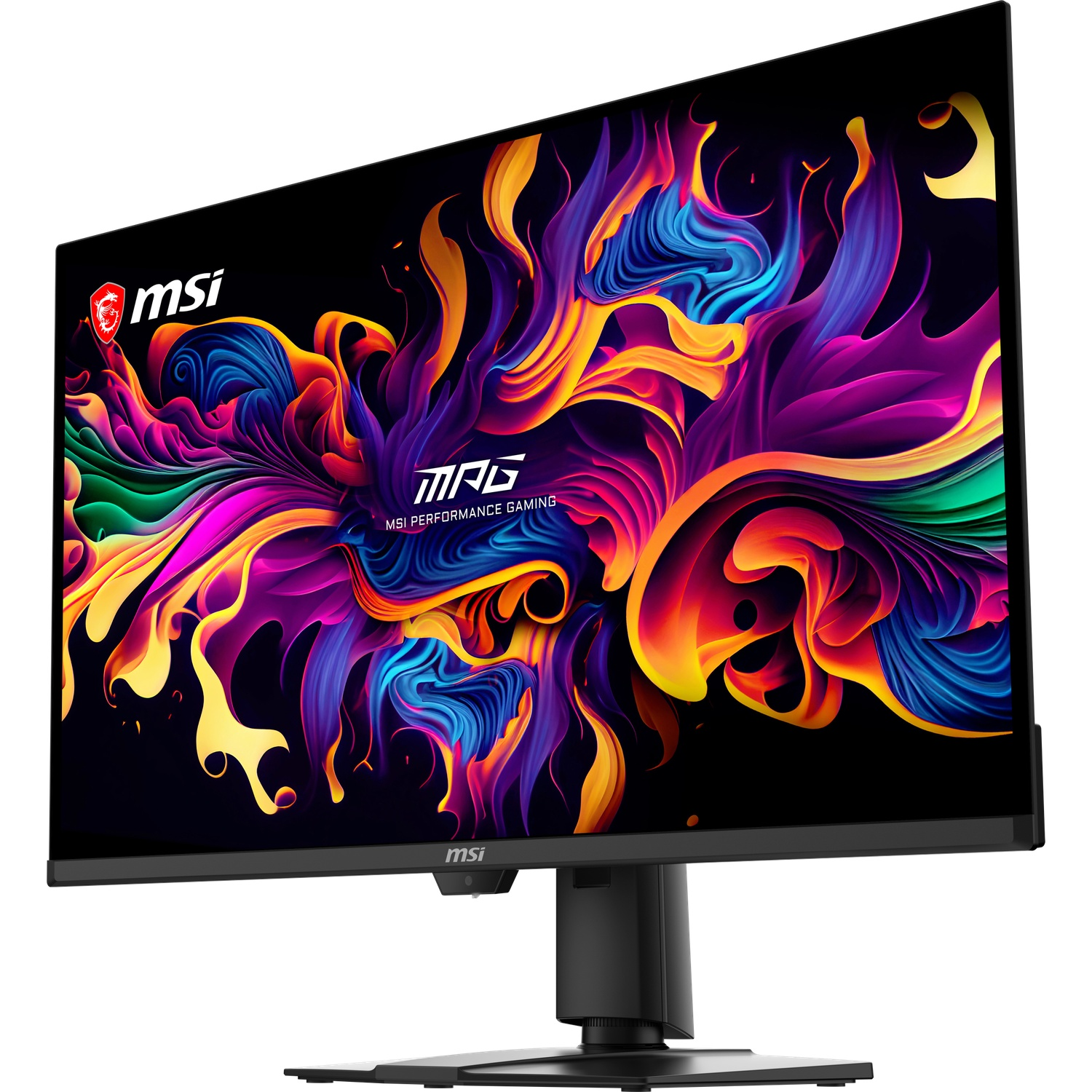 Un moniteur gaming MSI affichant un fond d'écran abstrait et coloré.