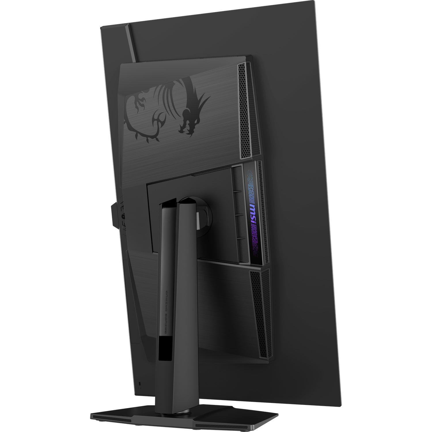Arrière d'un moniteur gaming MSI noir avec logo dragon et grilles de ventilation.