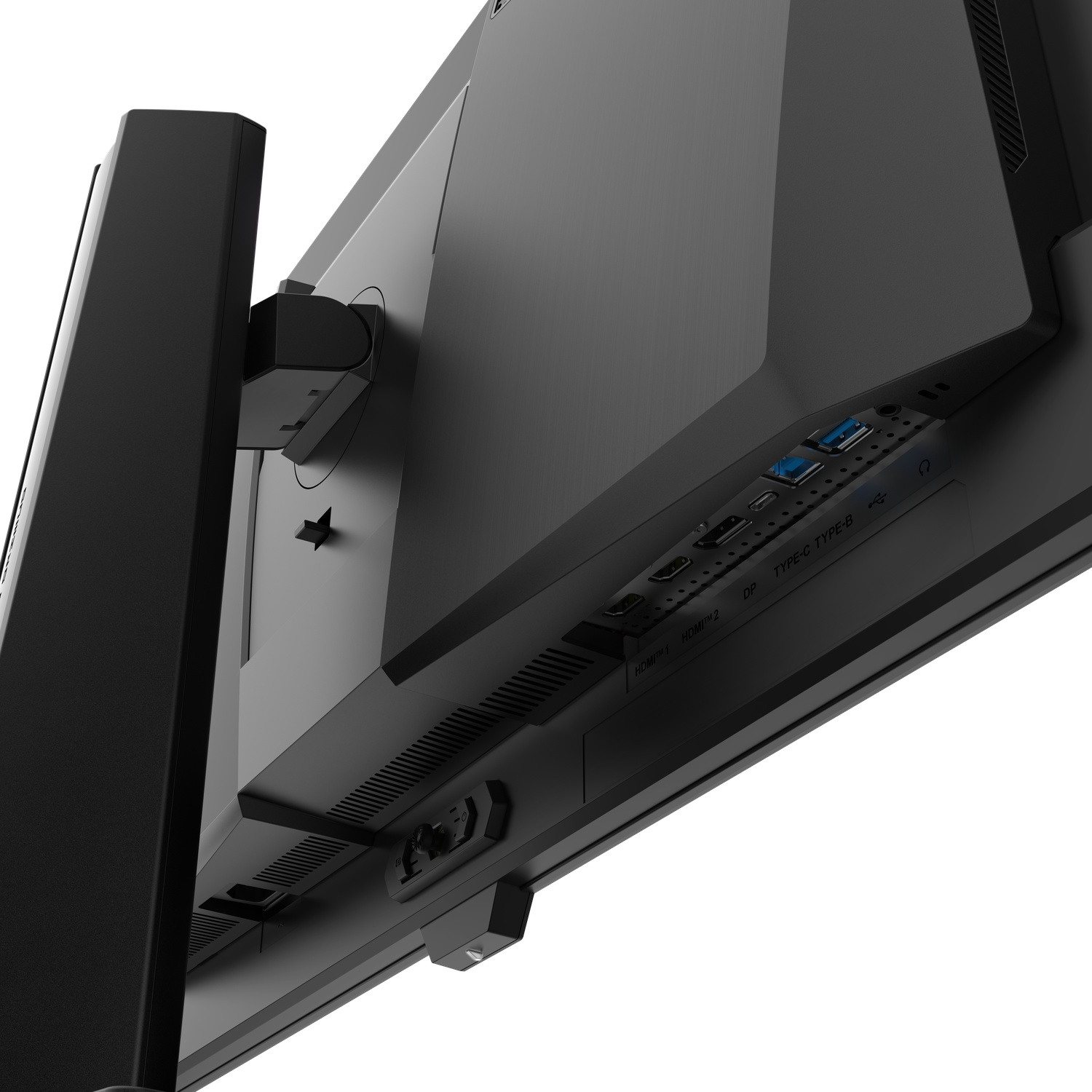 Vue arrière d'un moniteur noir montrant les ports : HDMI, DP, USB-C.