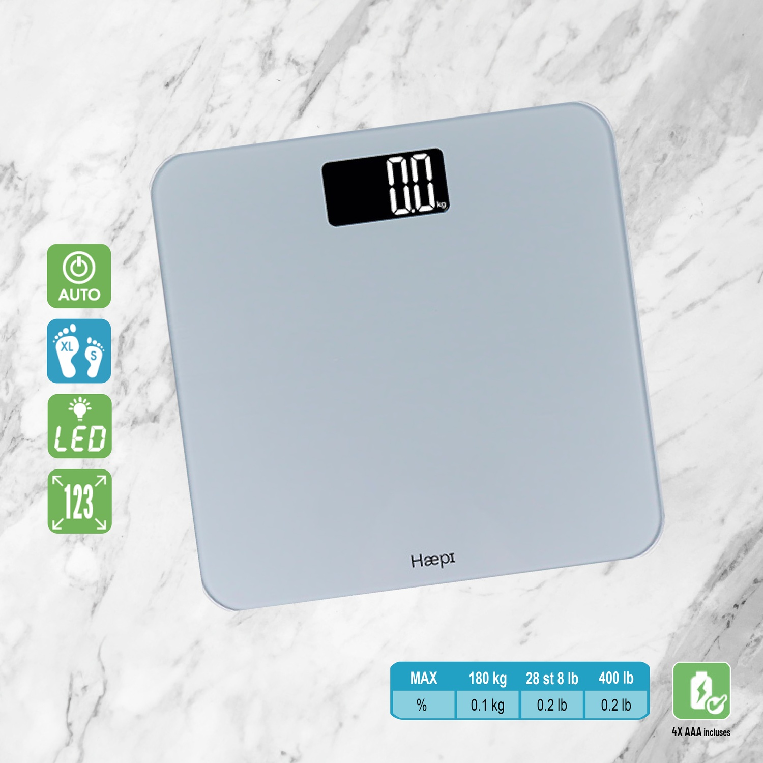 A grey digital scale with icons for auto, XL/S sizes, LED, and 123. Max 180kg.