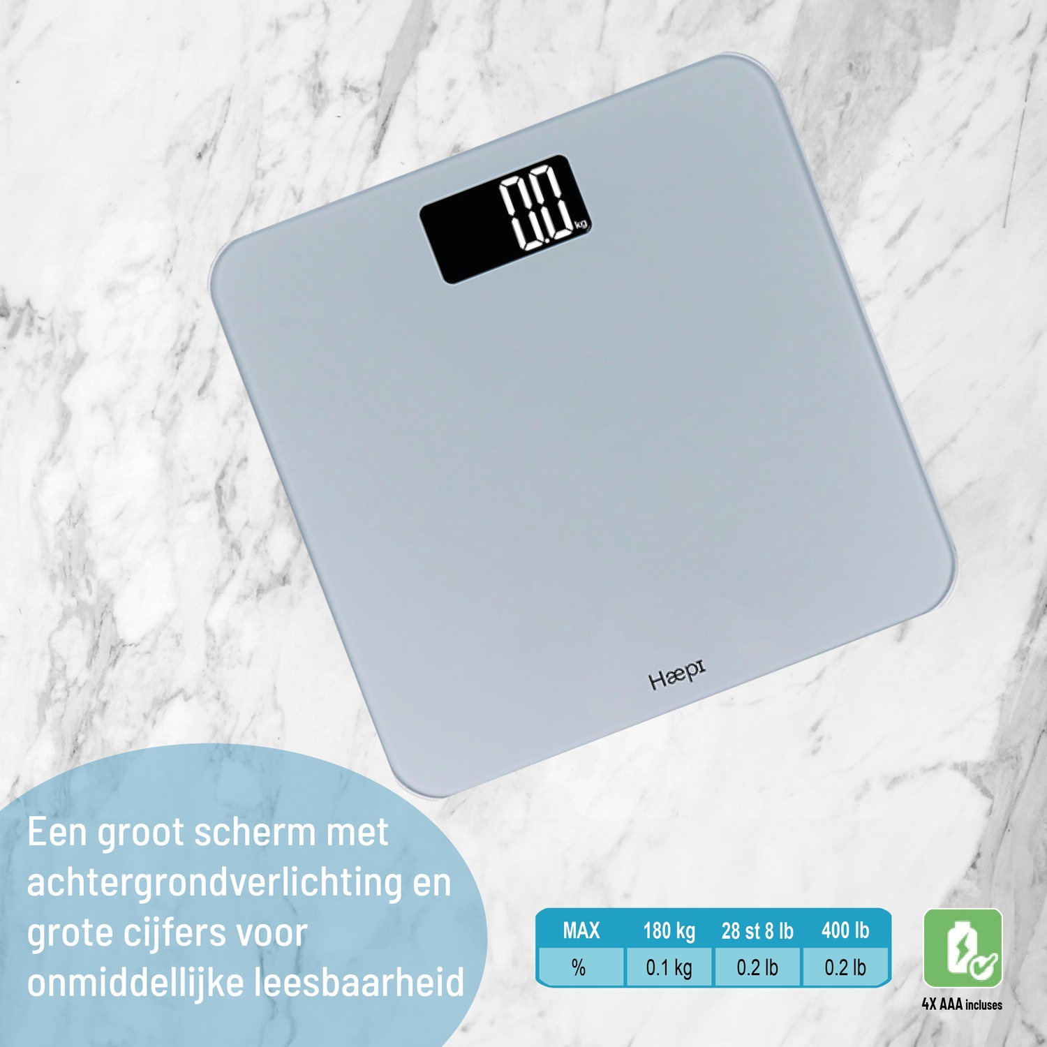 A grey digital scale with a backlit display on a marble background.