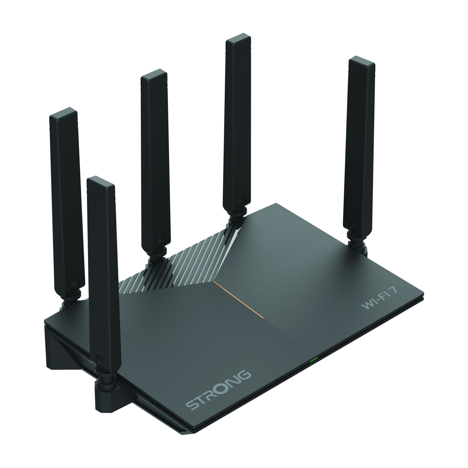 Router Wi-Fi 7 nero con quattro antenne e logo STRONG.