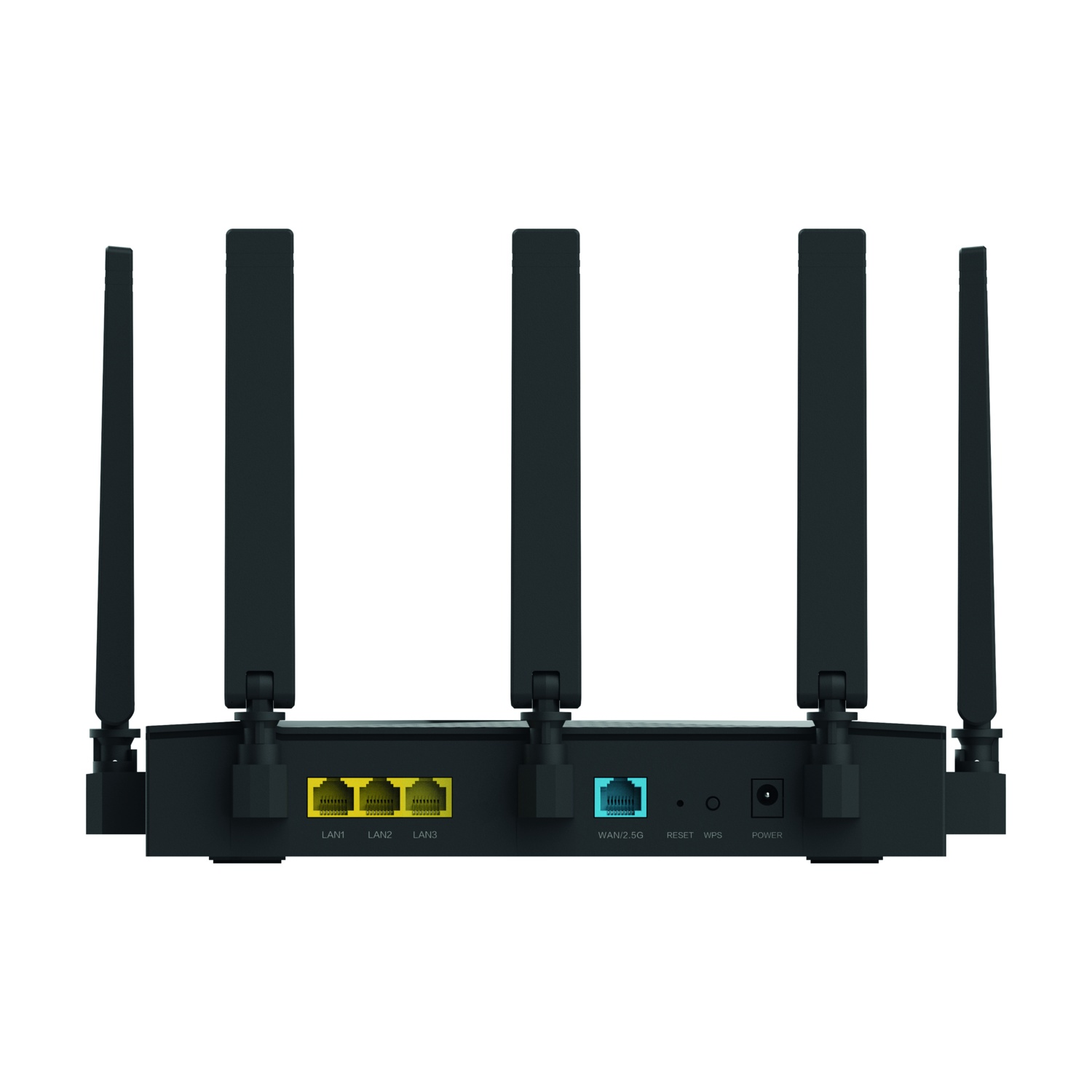 Un router nero con cinque antenne e più porte.