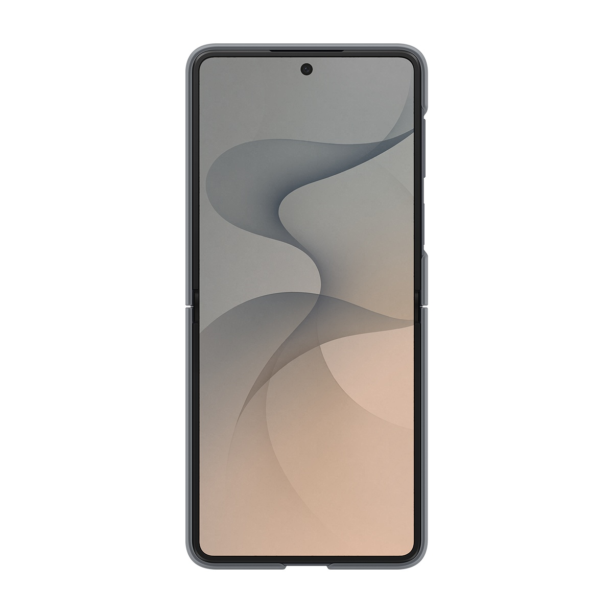 Ekranında soyut desen bulunan kapalı gri kapaklı telefon.