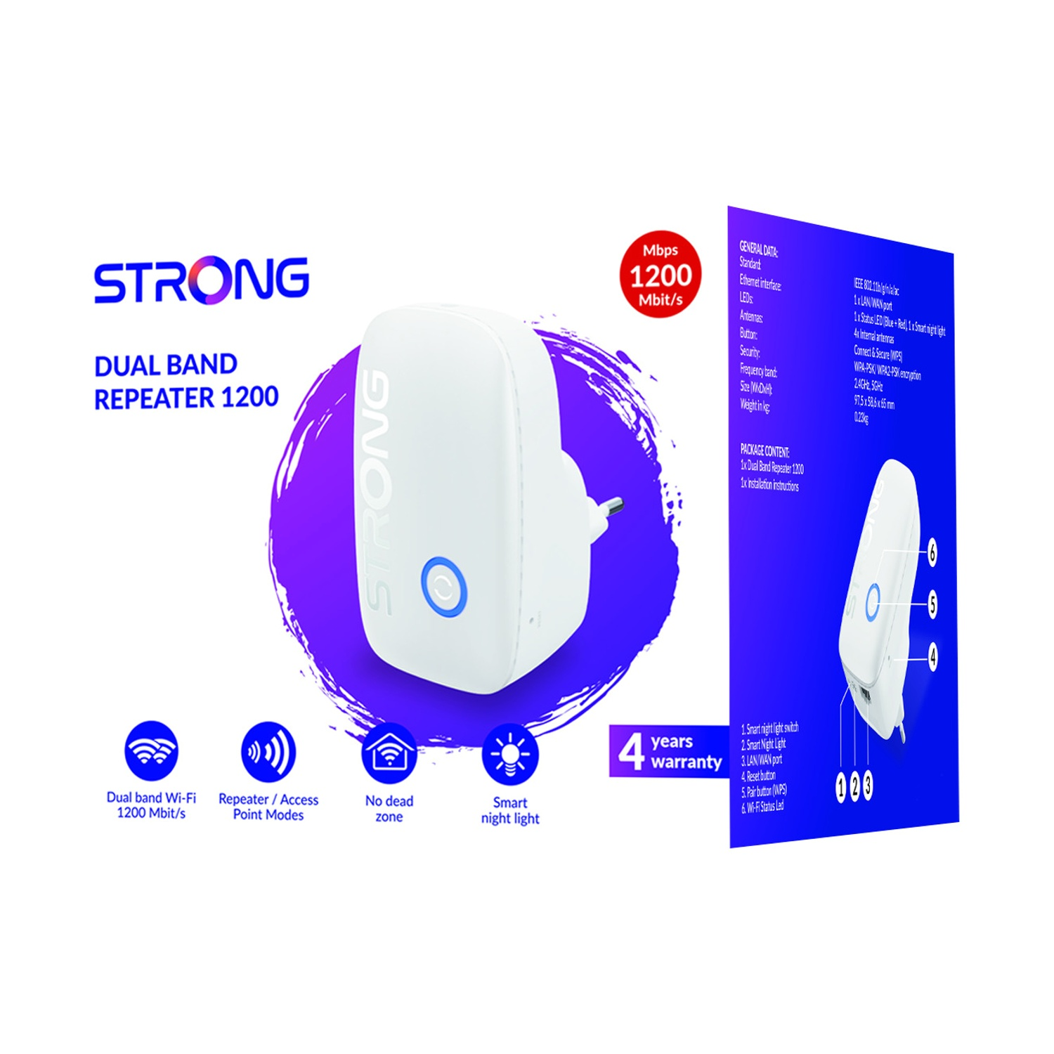 Un ripetitore STRONG Dual Band 1200 bianco con specifiche tecniche e garanzia.