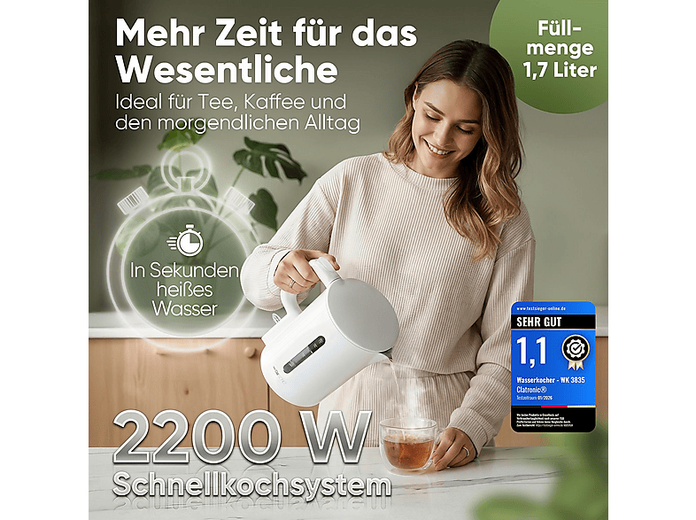 Clatronic WK 3835 Wasserkocher (Weiß, 1.7 l, 900 Watt) — Foto 4 von 5