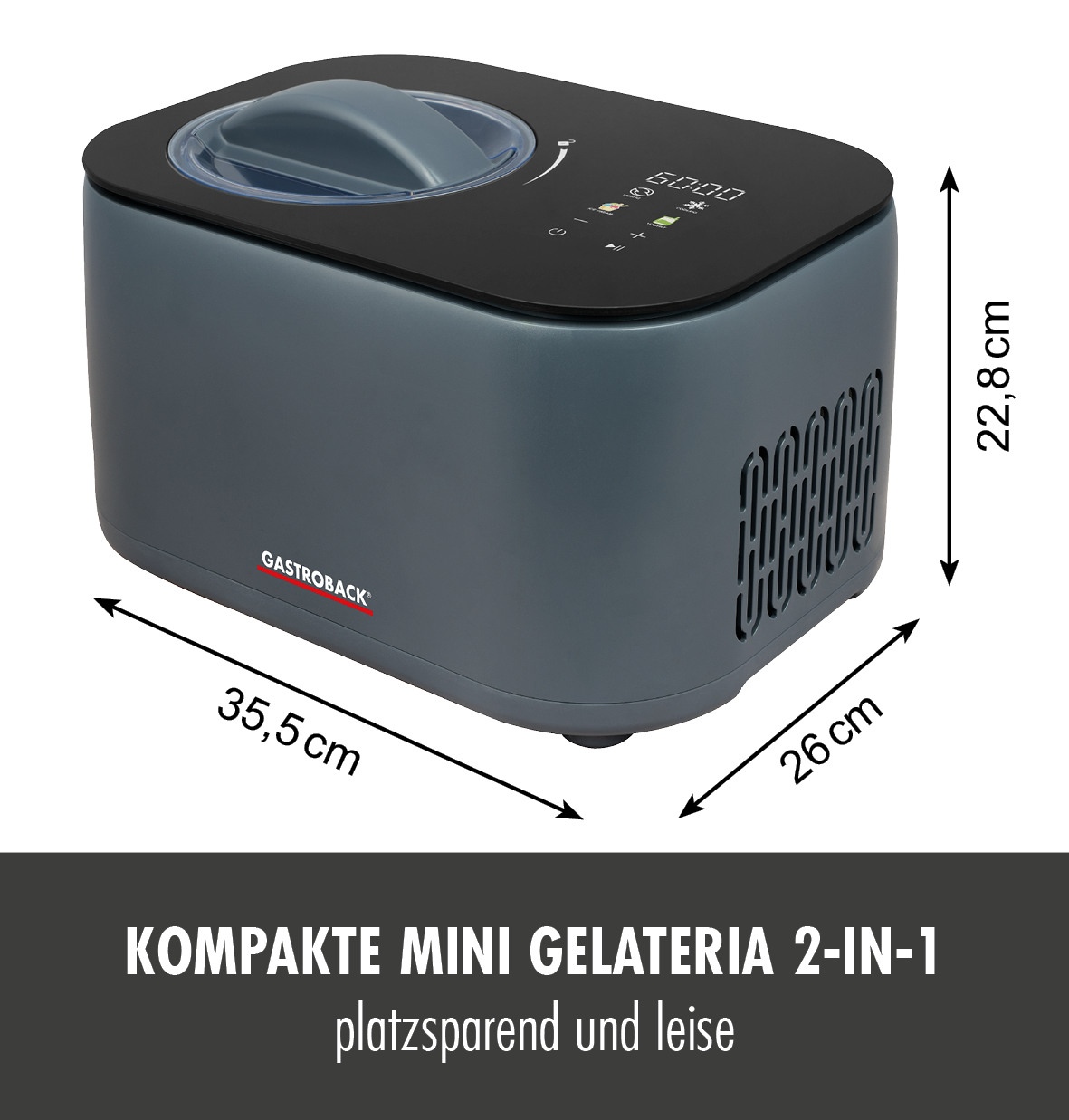 Graue Gastroback Eismaschine mit digitaler Anzeige und Maßen 35,5x26x22,8 cm.