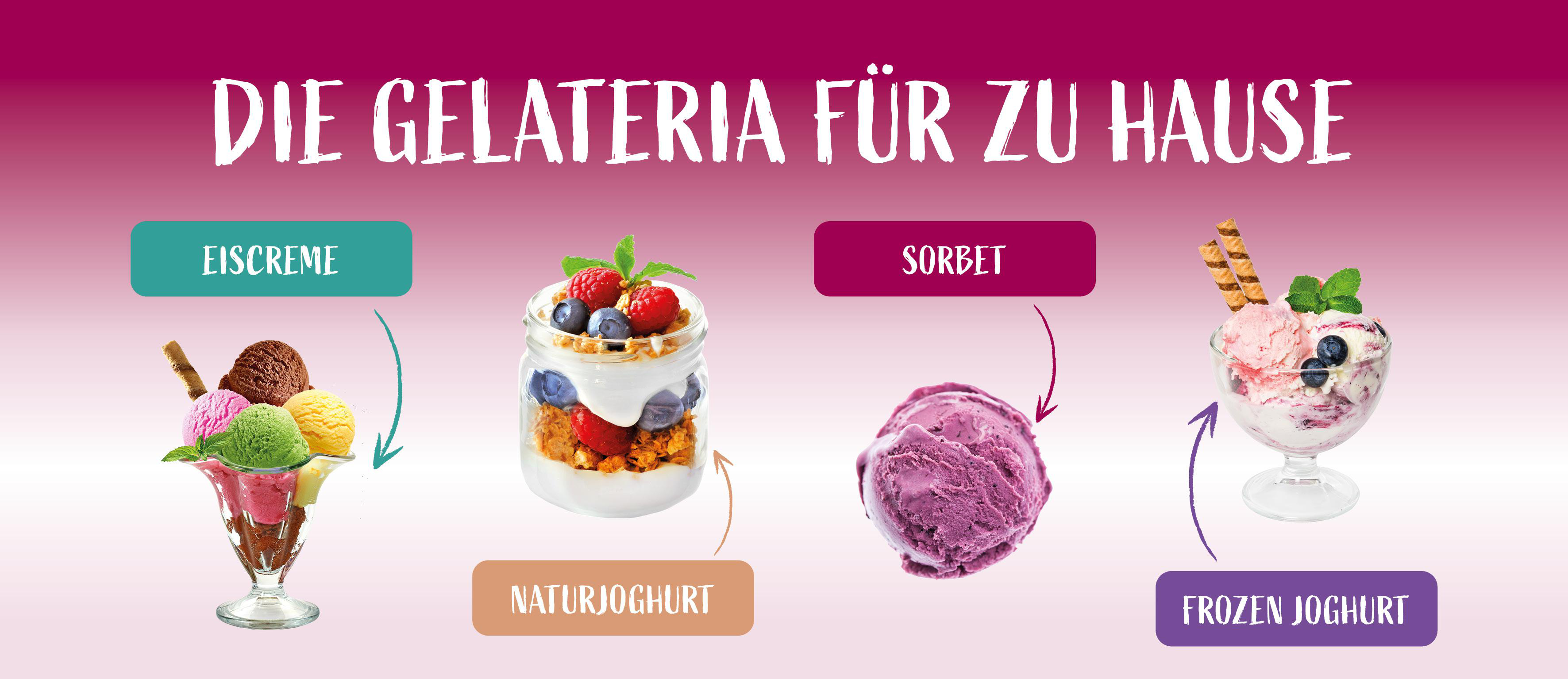 Vier Desserts: Eiscreme, Naturjoghurt, Sorbet und Frozen Joghurt.