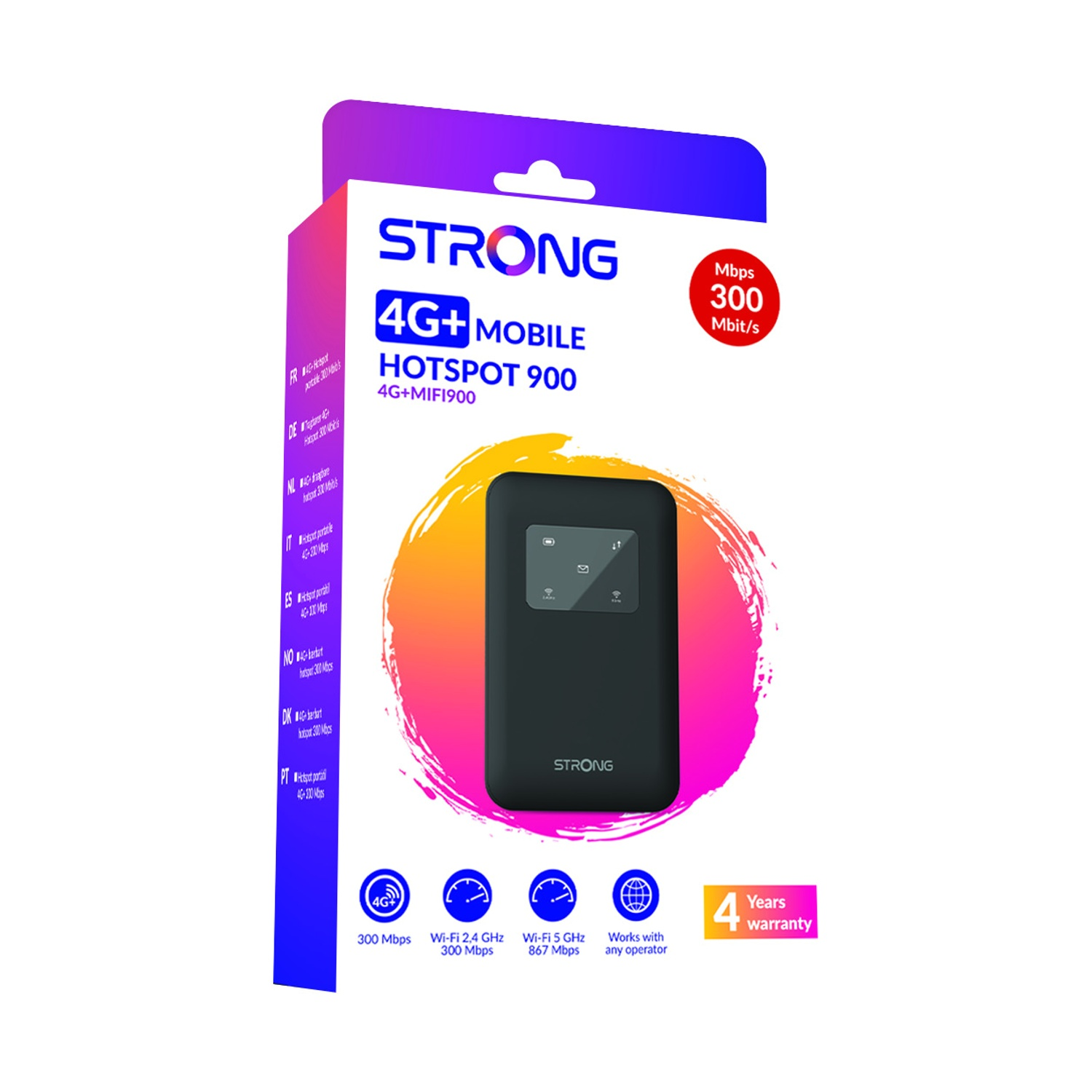 Confezione di un STRONG 4G+ Mobile Hotspot 900 con dispositivo nero.