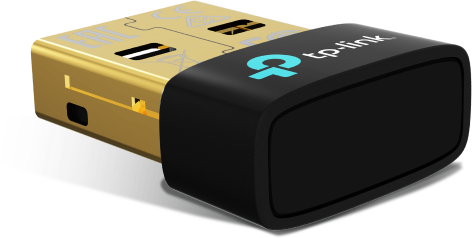 Egy kis, arany USB-adapter fekete házzal és kék TP-Link logóval.
