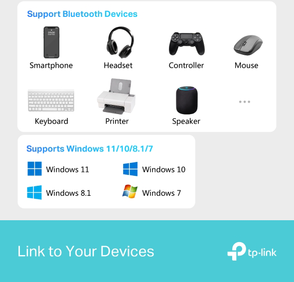 Támogatott Bluetooth-eszközök és Windows-verziók ikonjai.