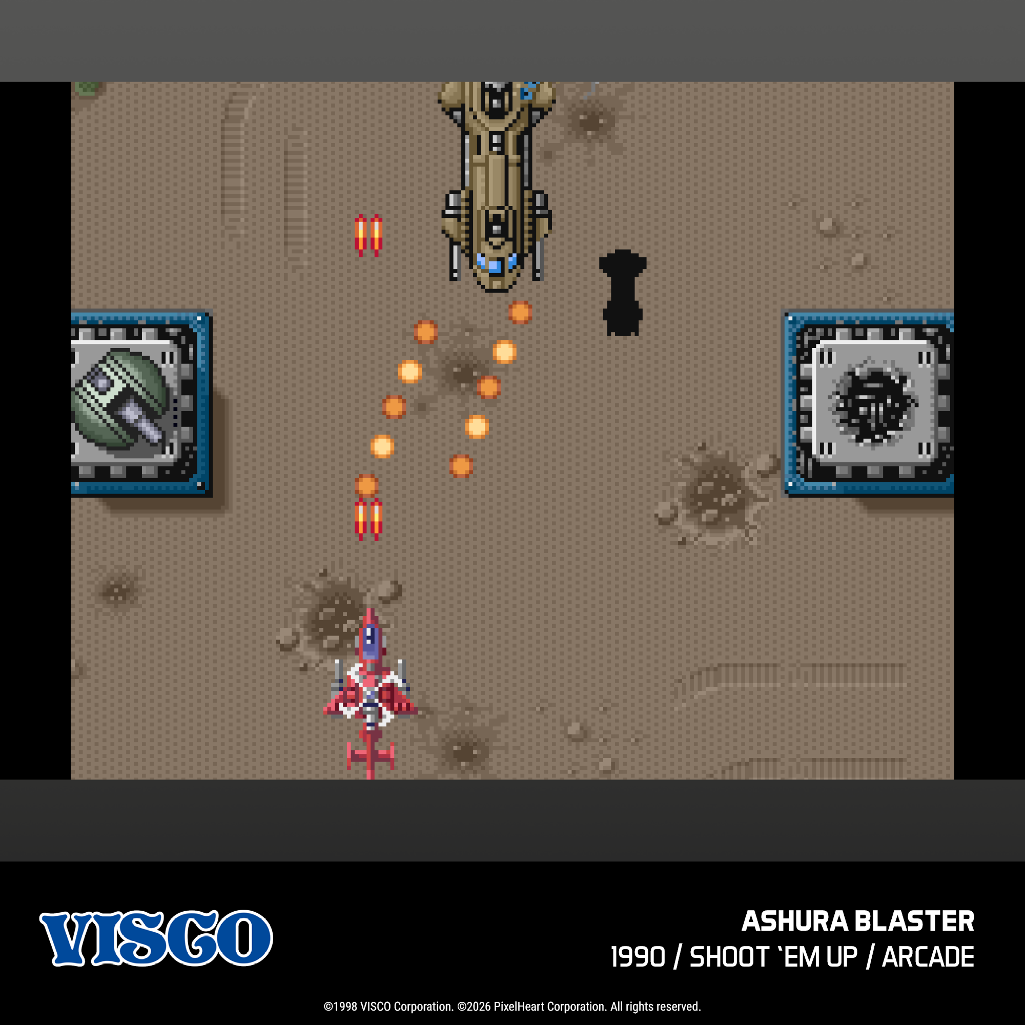 Un gioco sparatutto retrò con un'astronave rossa che spara su un terreno desertico marrone.
