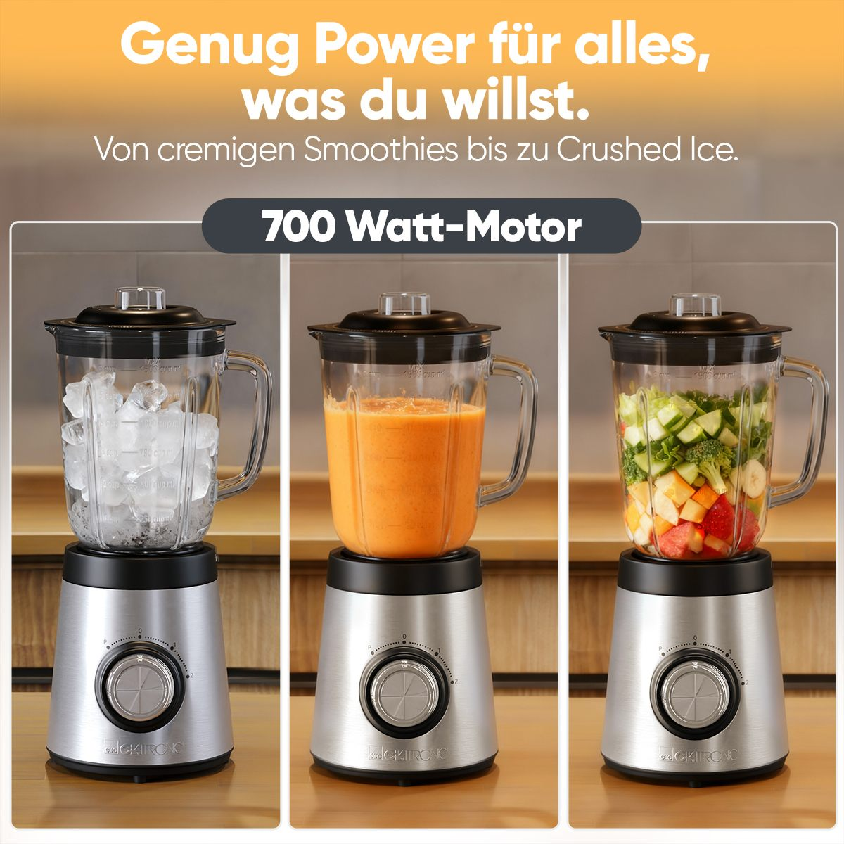Drei Mixer: Eis, Smoothie, Obst/Gemüse. Silberner Sockel, Glasbehälter.