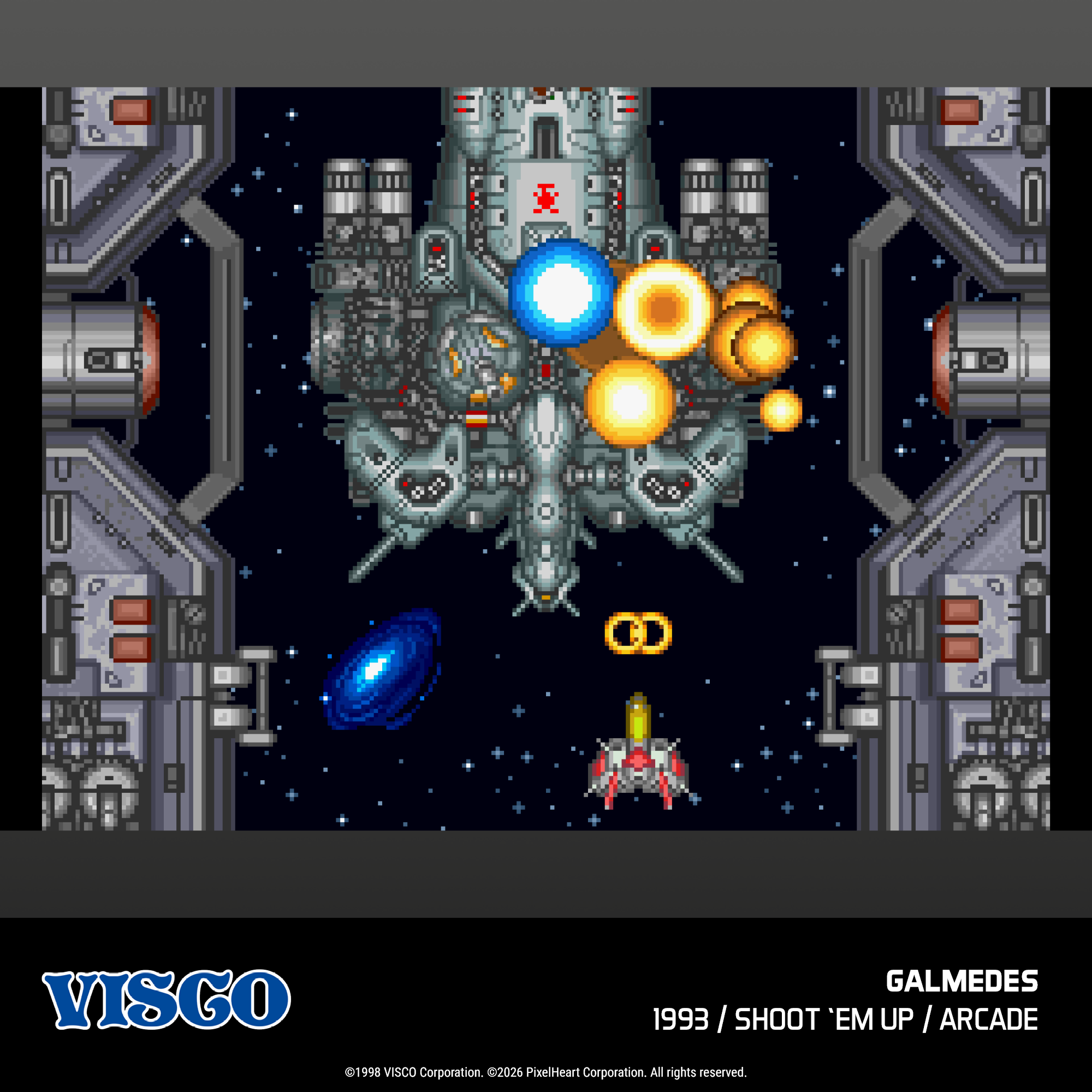 Gioco di combattimento spaziale in pixel art con una grande nave spaziale argentata che spara a piccole navi rosse e bianche.