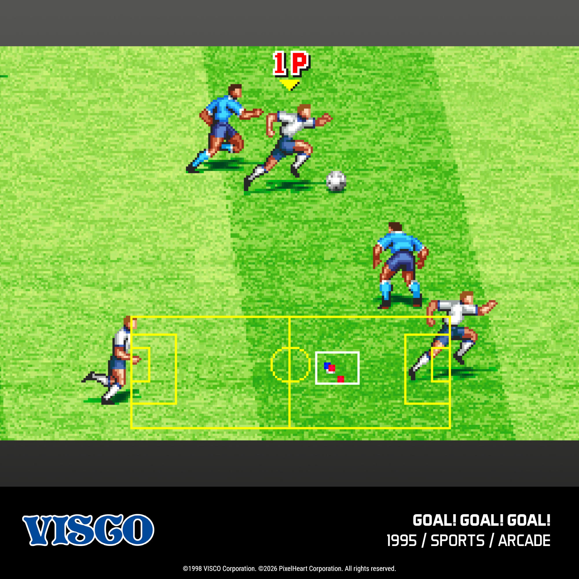 Scena di gioco di calcio pixelata con giocatori, pallone e porta. 1P visualizzato.