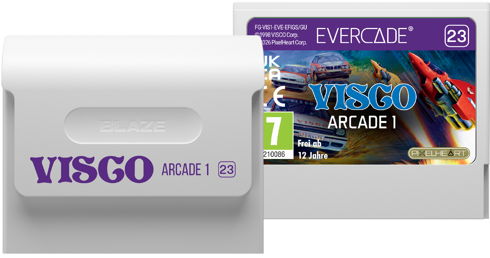Due cartucce di videogiochi affiancate, bianca a sinistra, con opera d'arte.
