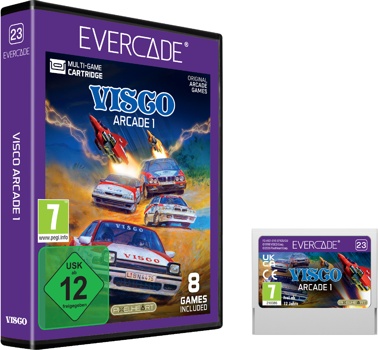 Custodia del gioco Evercade Visco Arcade 1 con auto da corsa e astronavi.