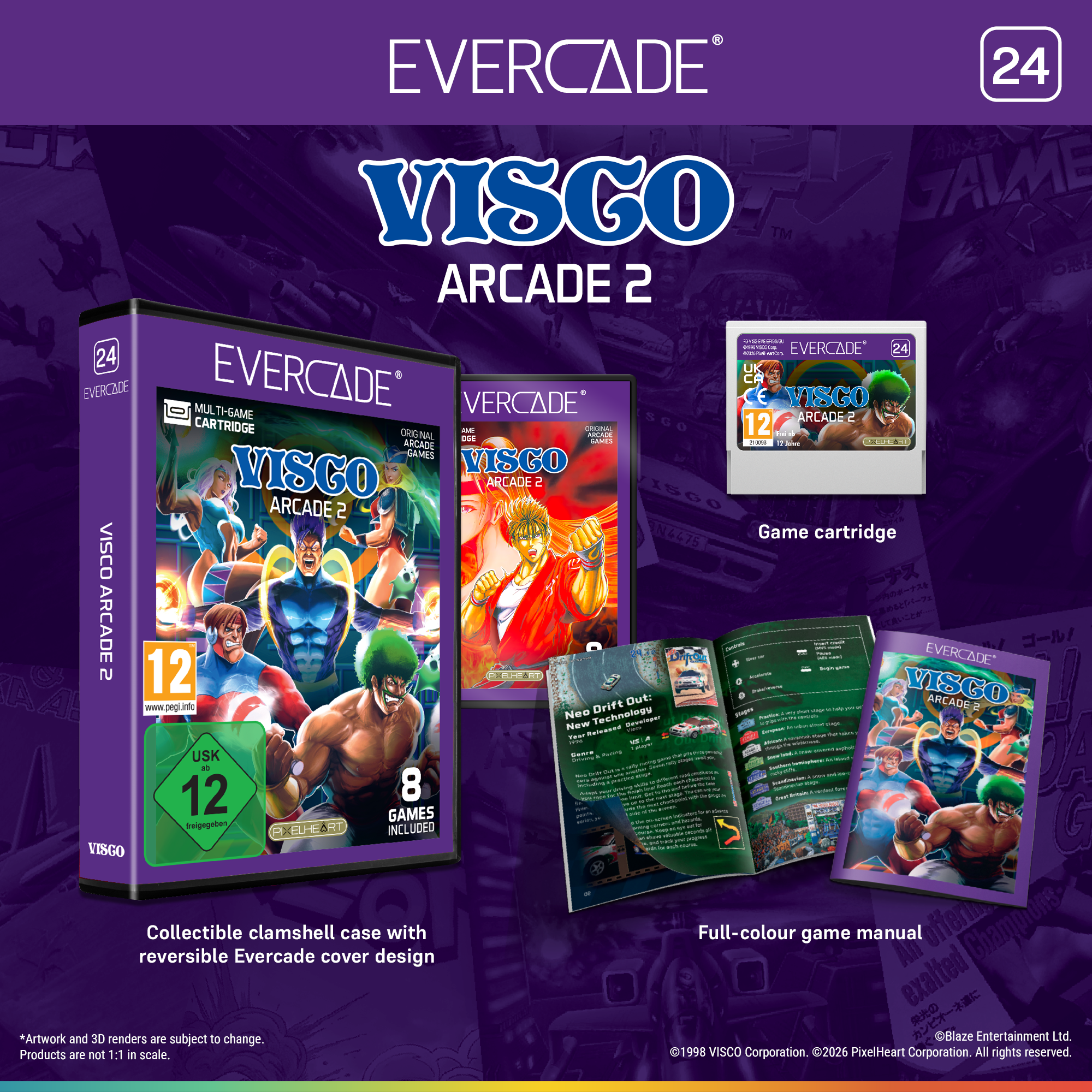 Custodia, cartuccia e manuale Evercade Visco Arcade 2 con artwork di personaggi combattenti.