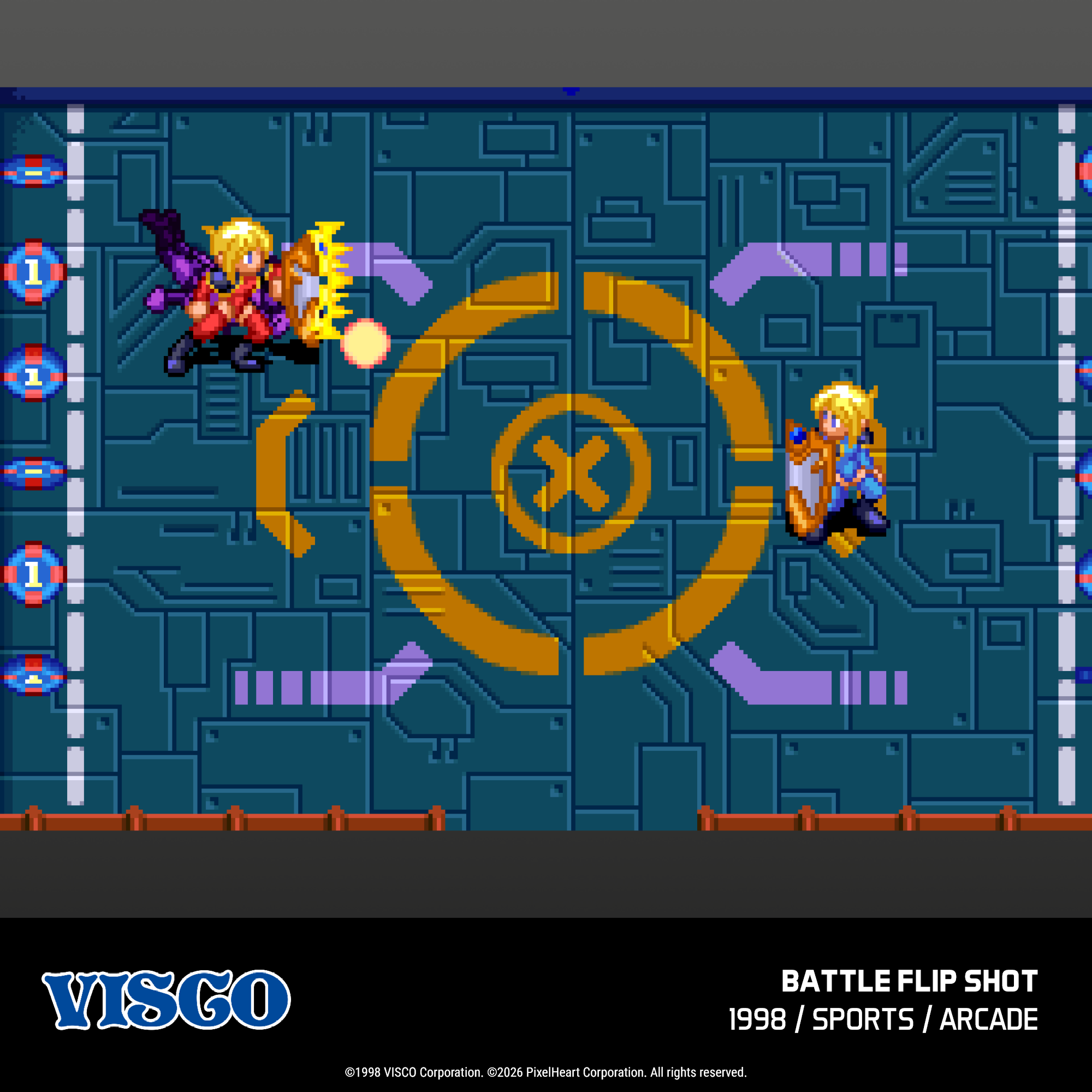 Due personaggi in un gioco arcade retrò contro un muro blu.