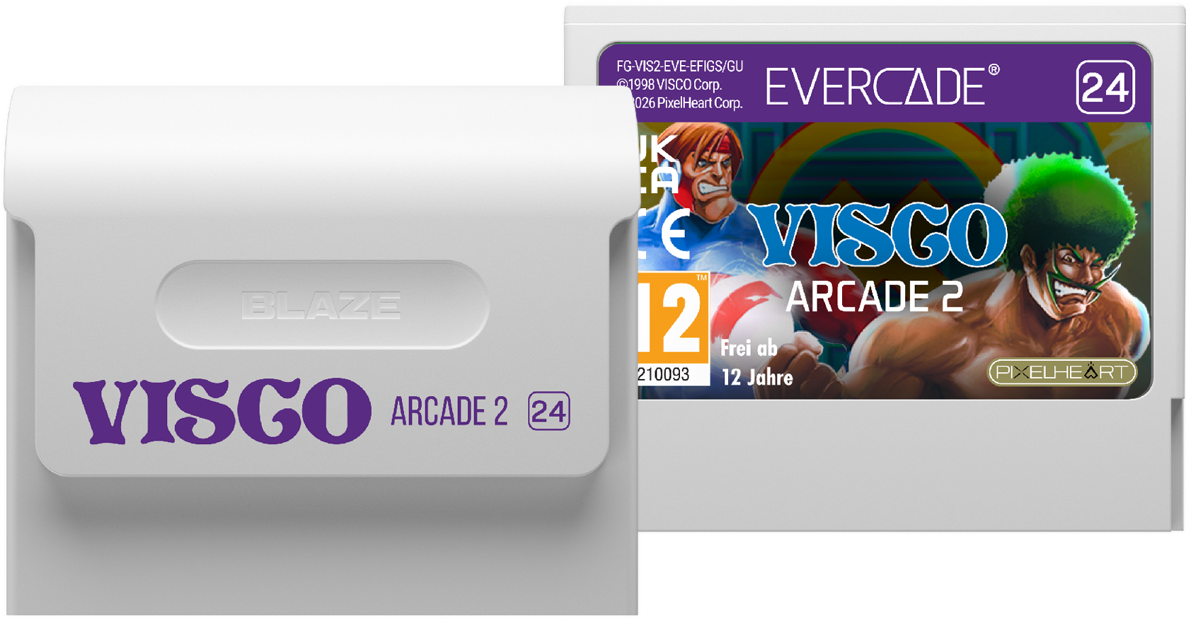 Una cartuccia di gioco Evercade con etichetta Visco Arcade 2, con illustrazione di un uomo.