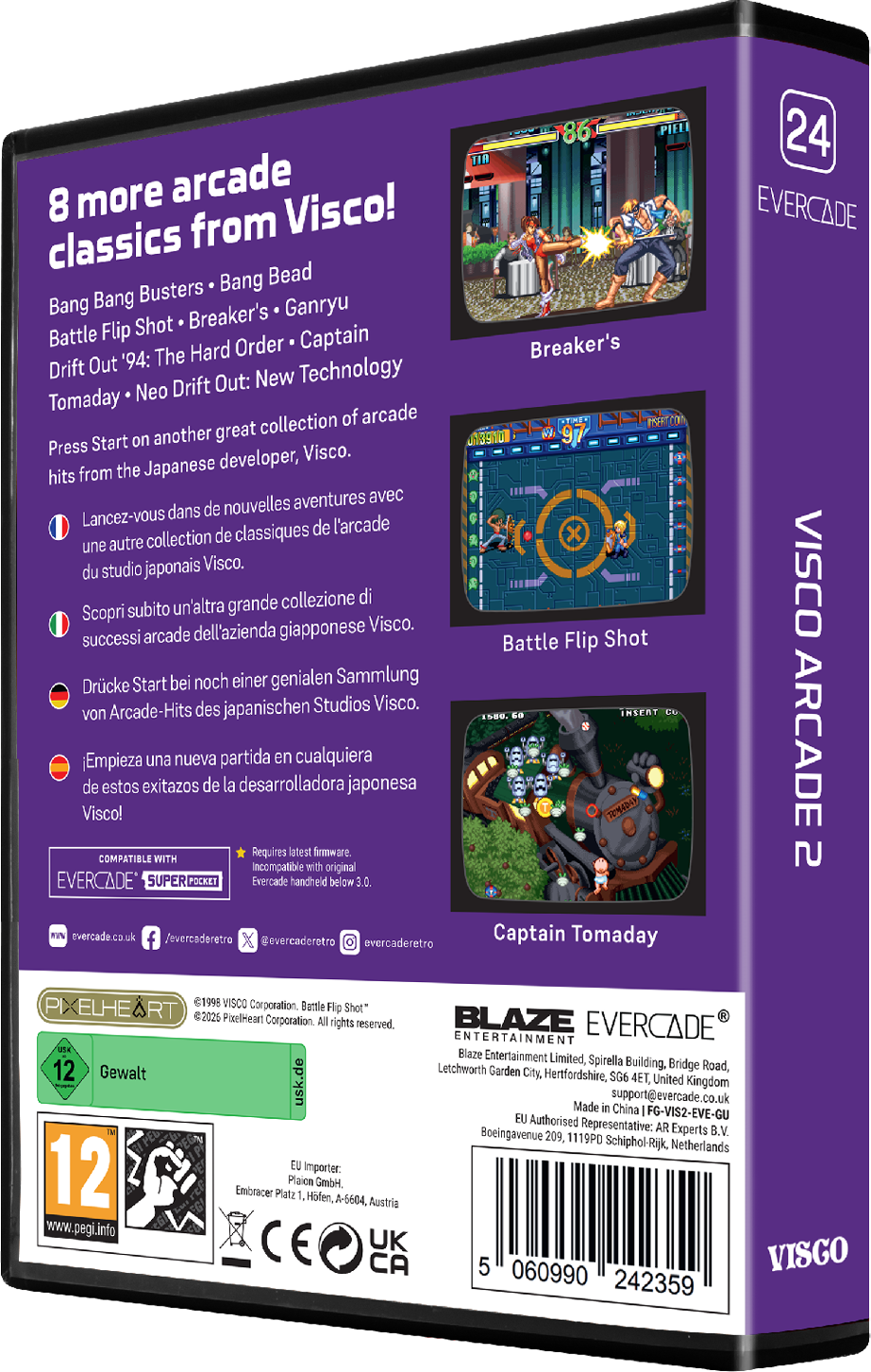 Retro di una custodia per videogiochi con titoli e screenshot.