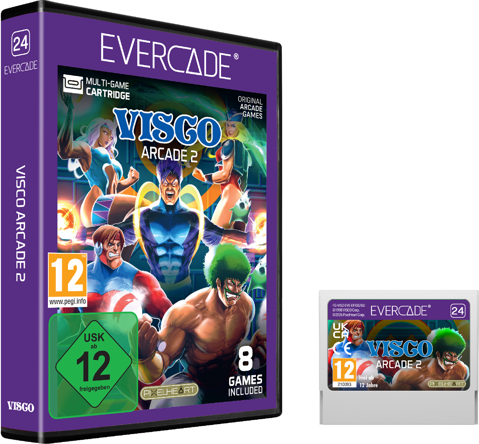 Custodia gioco Evercade con personaggi di Visco Arcade 2, 8 giochi inclusi.