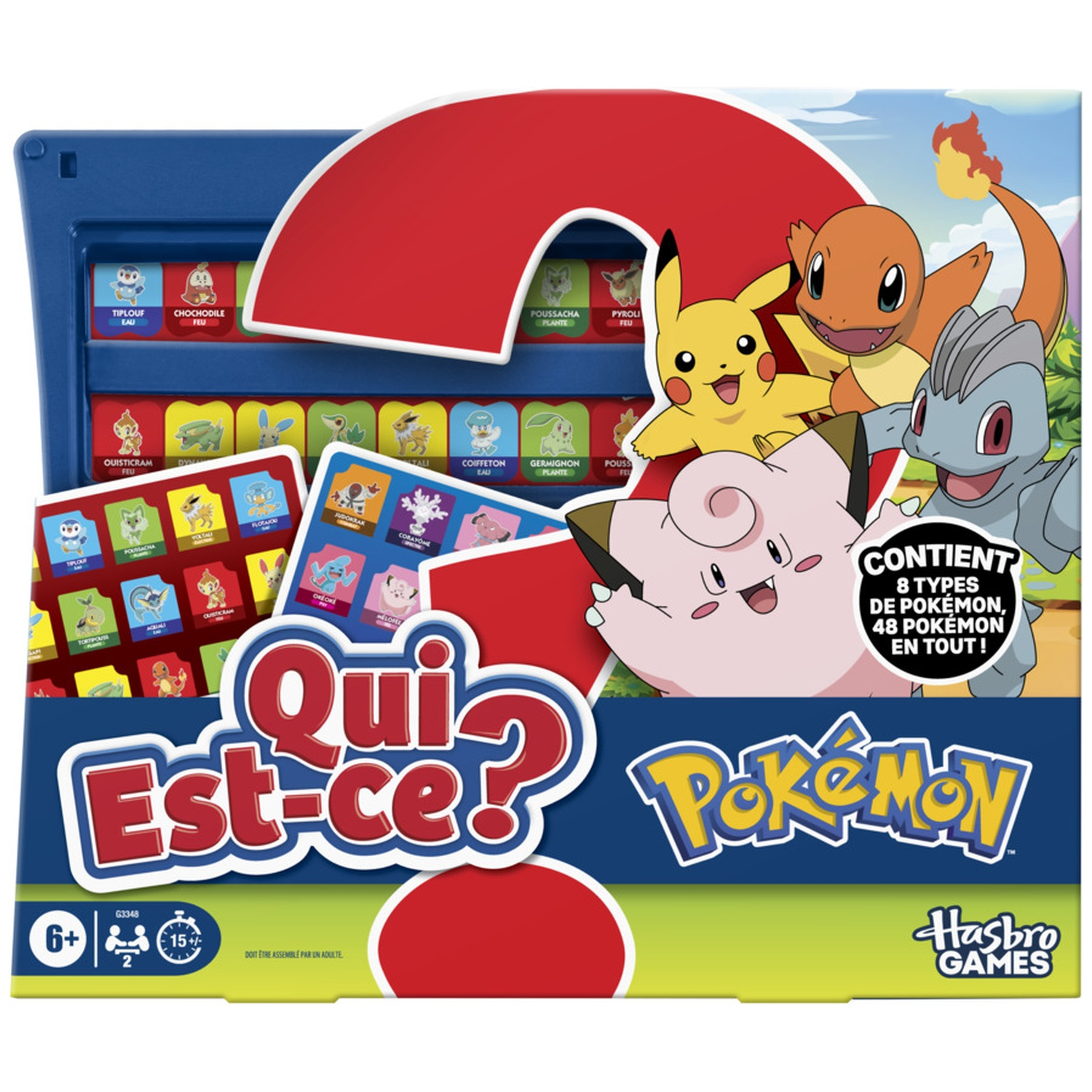 Pokemon "Guess Who?" board game featuring Pikachu, Charmander, and Machop.