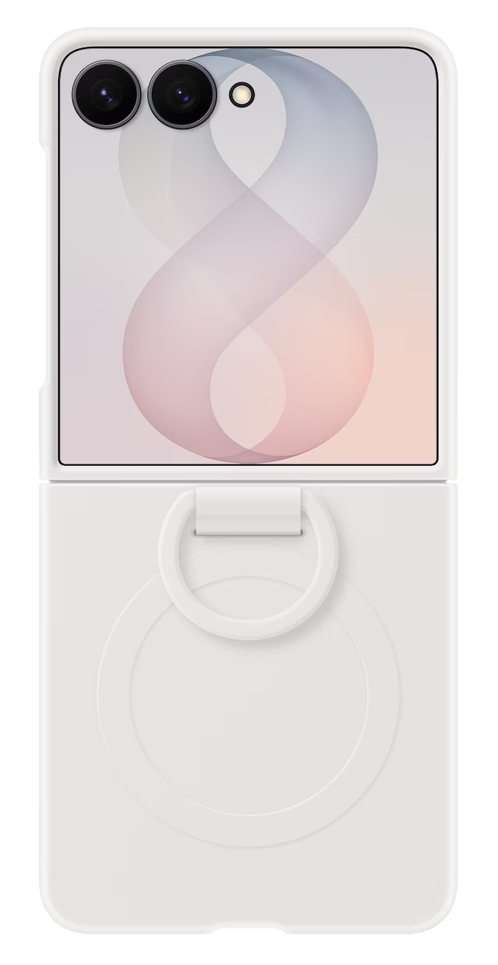 Zamknięty biały smartfon z uchwytem pierścieniowym i podwójnym aparatem.