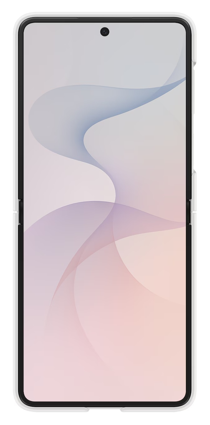 Biały smartfon z delikatnym, falistym wzorem na ekranie.
