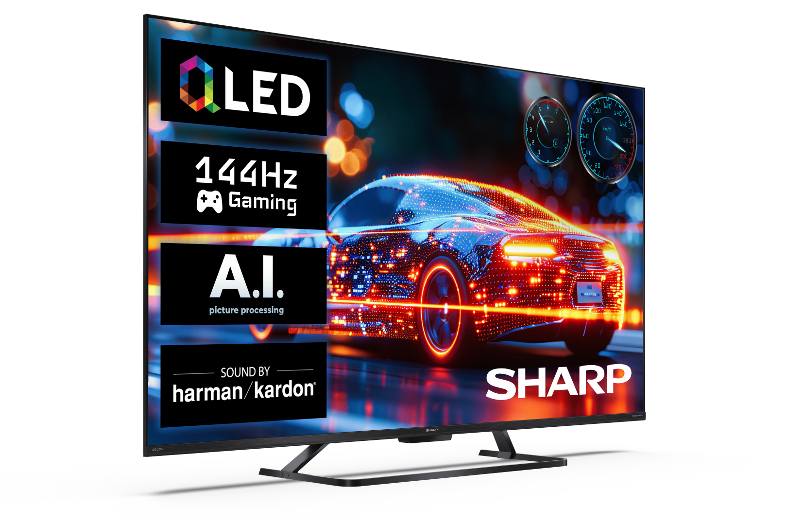 Telewizor Sharp OLED wyświetla grafikę futurystycznego samochodu, z ikonami "144Hz Gaming" i "A.I.".