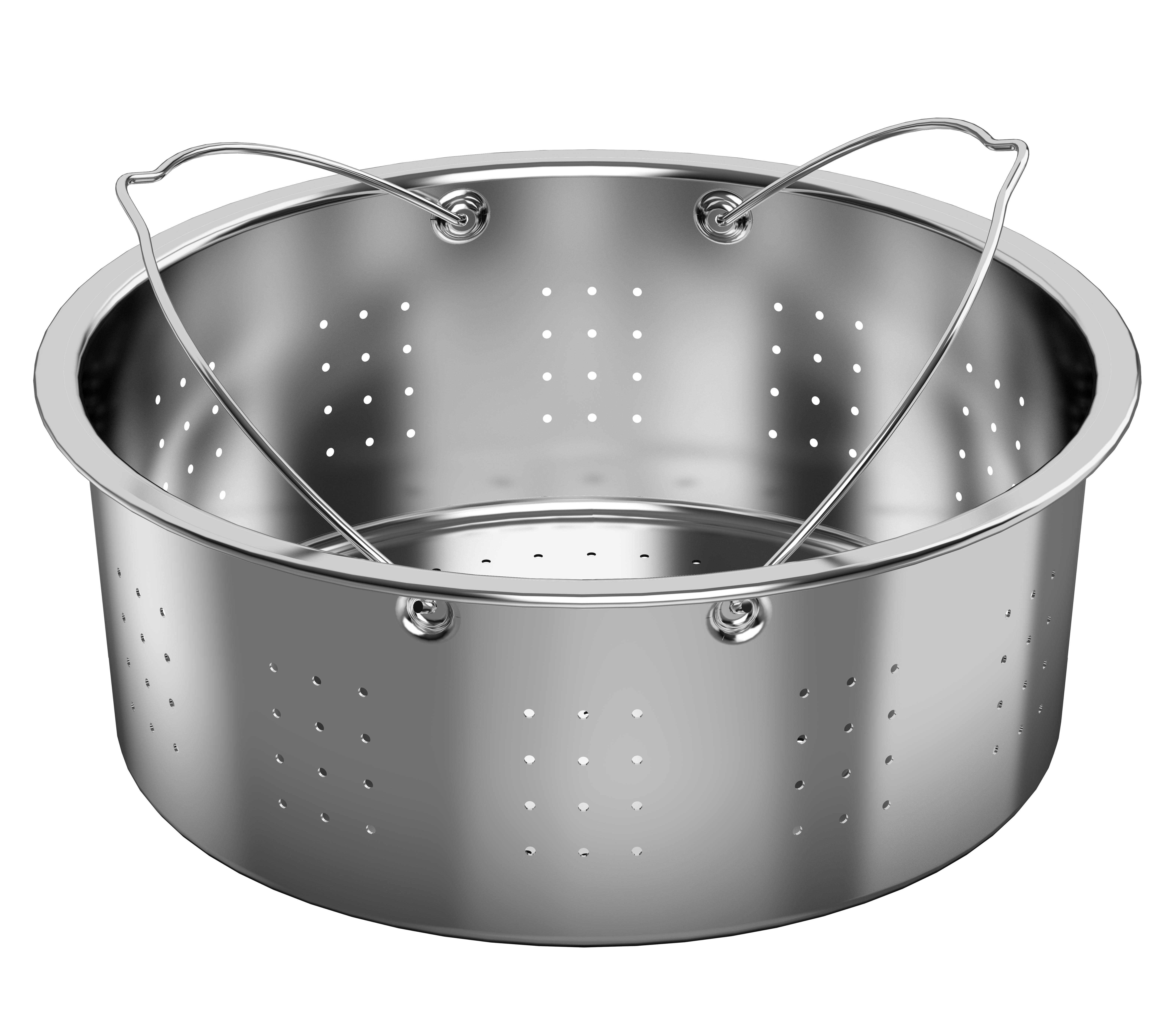 Ein silberner Dampfkorb aus Metall mit Löchern und zwei Griffen.
