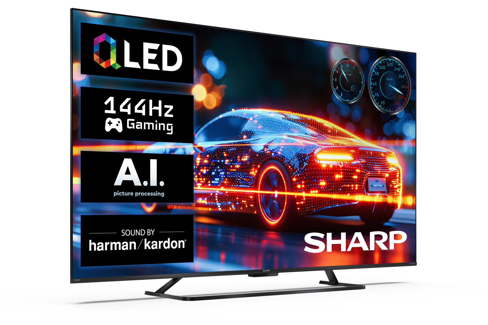 Telewizor Sharp wyświetla QLED, gry 144Hz, AI. Pokazuje futurystyczny samochód.