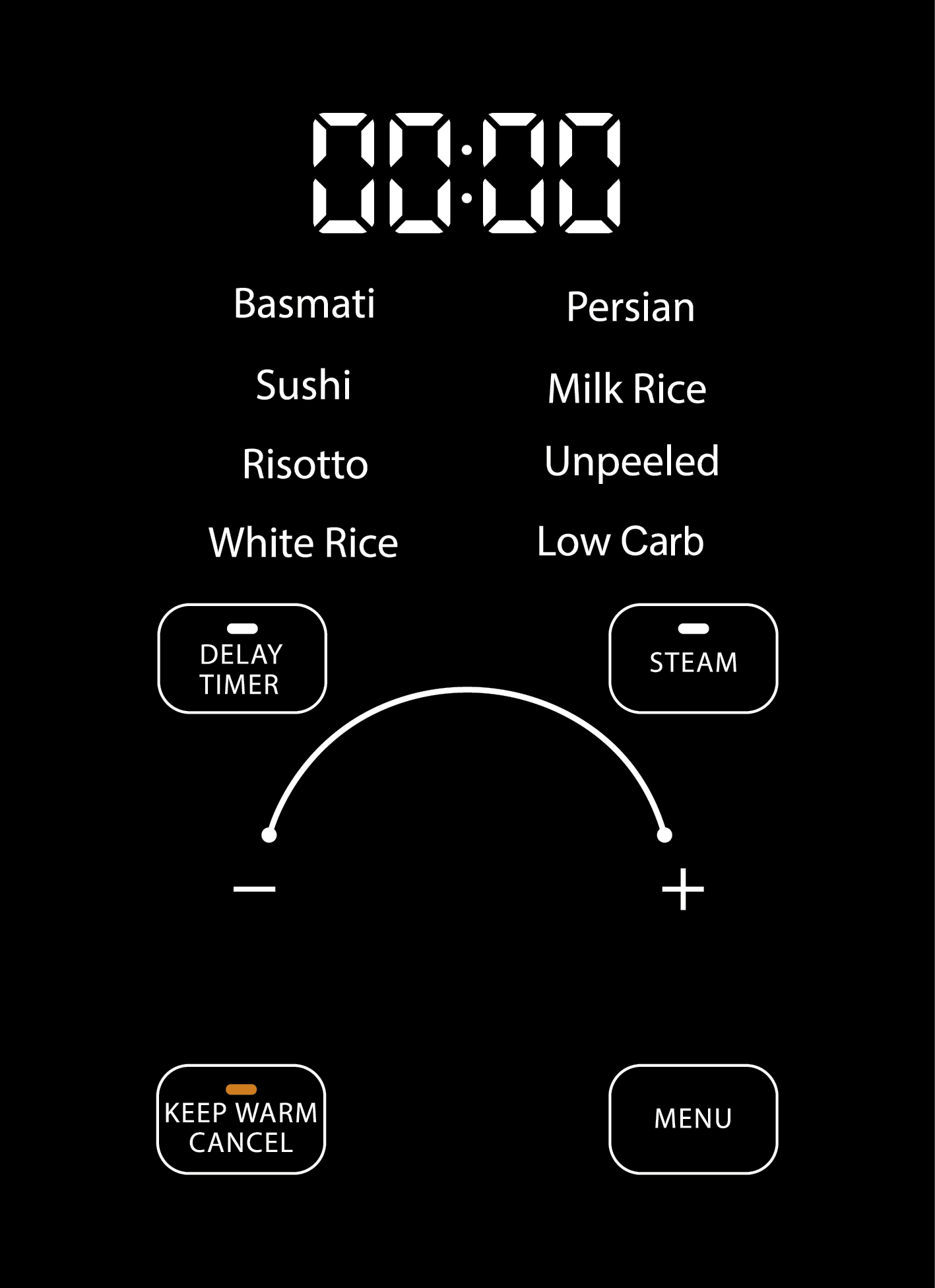 Digitalanzeige zeigt 00:00. Reissorten: Basmati, Sushi, Risotto, Weiß, Persisch, Milchreis, Ungeschält, Low Carb.