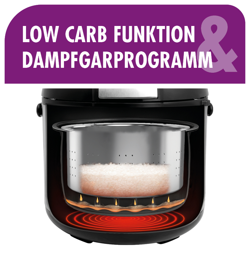 Ein Schnellkochtopf mit Reiskornfüllung und Dampfgarfunktion.