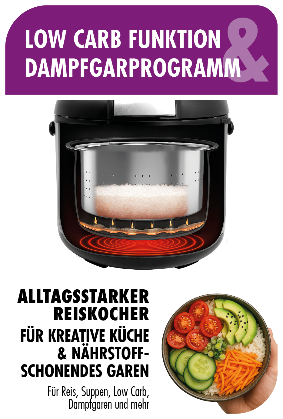 Ein Reiskocher mit Low-Carb-Funktion und Dampfgarprogramm, daneben eine Schüssel mit Reis und Gemüse.