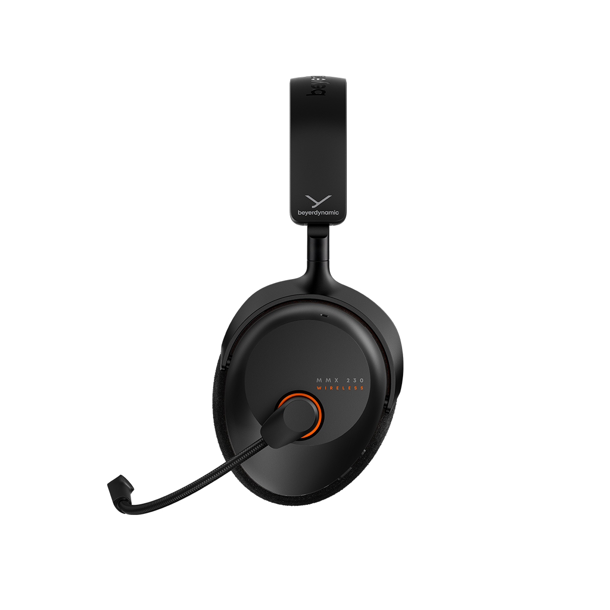 Fekete Beyerdynamic MMX 230 vezeték nélküli fejhallgató mikrofonnal, fehér háttér.