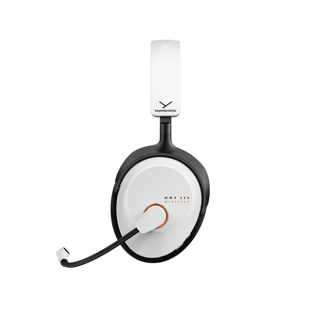 Fehér és fekete Beyerdynamic MMX 230 vezeték nélküli fejhallgató mikrofonnal.