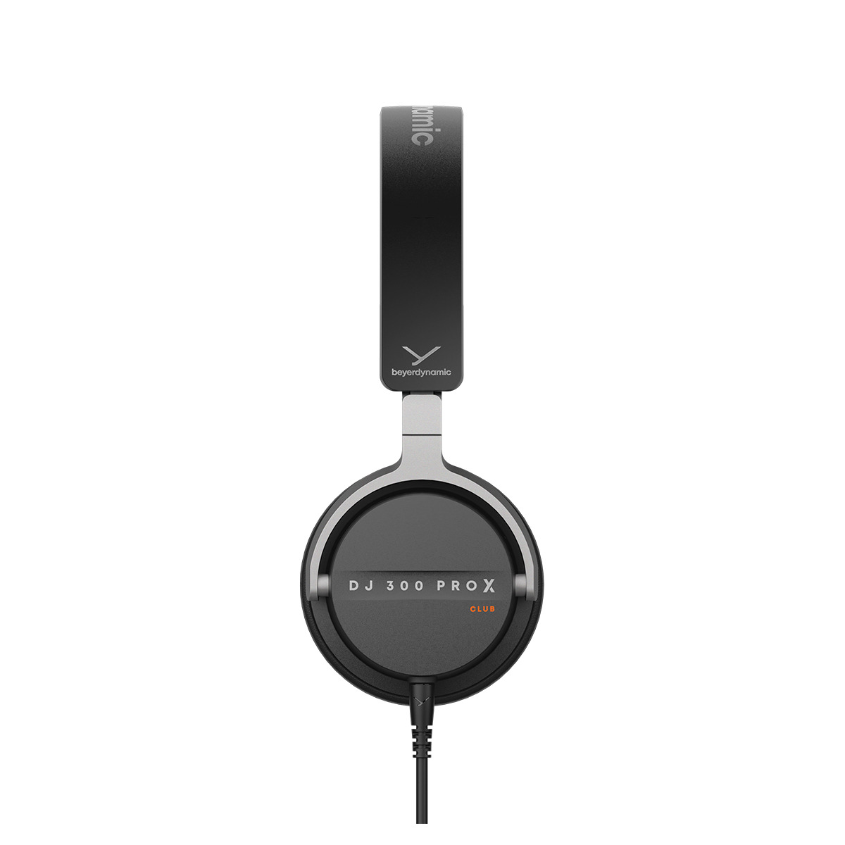 Fekete Beyerdynamic DJ 300 PRO X fejhallgató ezüst díszítéssel és kábellel.