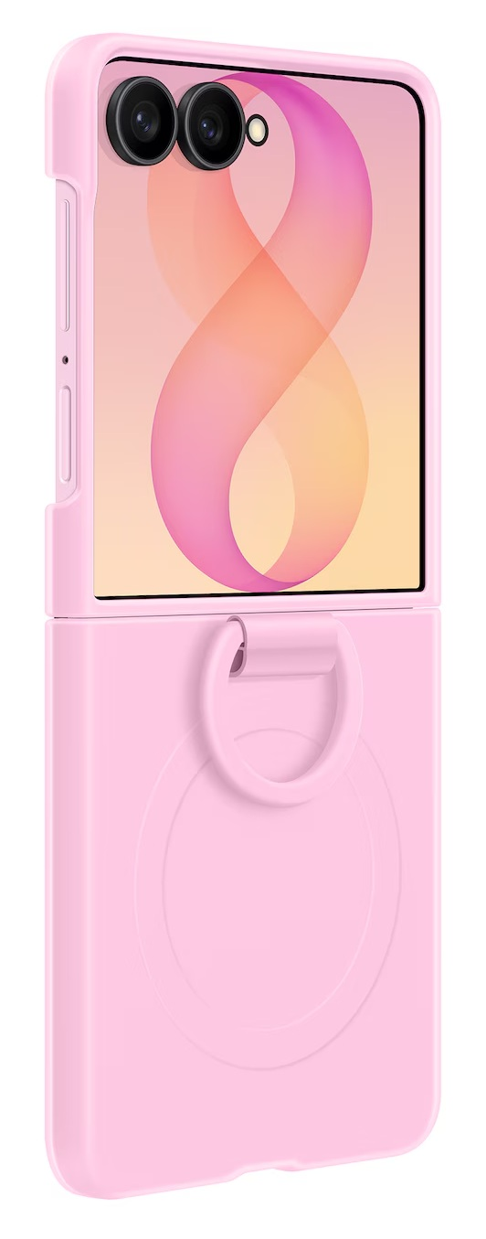 Różowe etui na telefon typu flip z uchwytem na pierścień i modułem kamery.