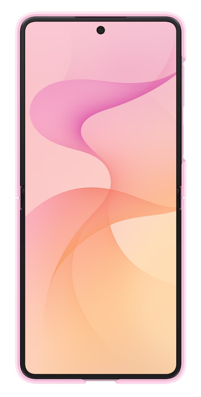 Różowy smartfon z abstrakcyjnym, falistym wzorem na ekranie.