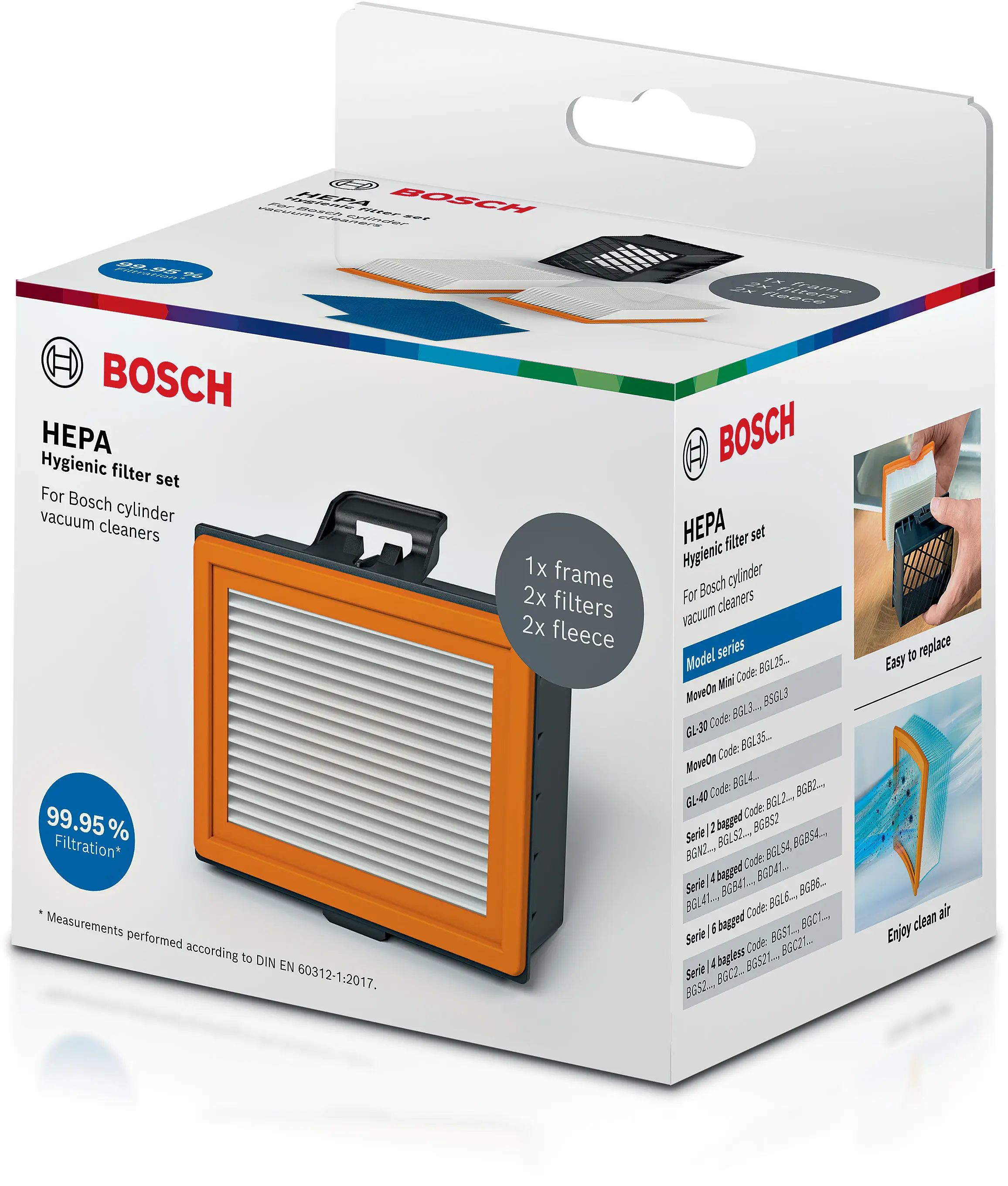 Bosch HEPA higiénikus szűrőkészlet 1 kerettel, 2 szűrővel, 2 fleece-vel. 99,95% szűrés.