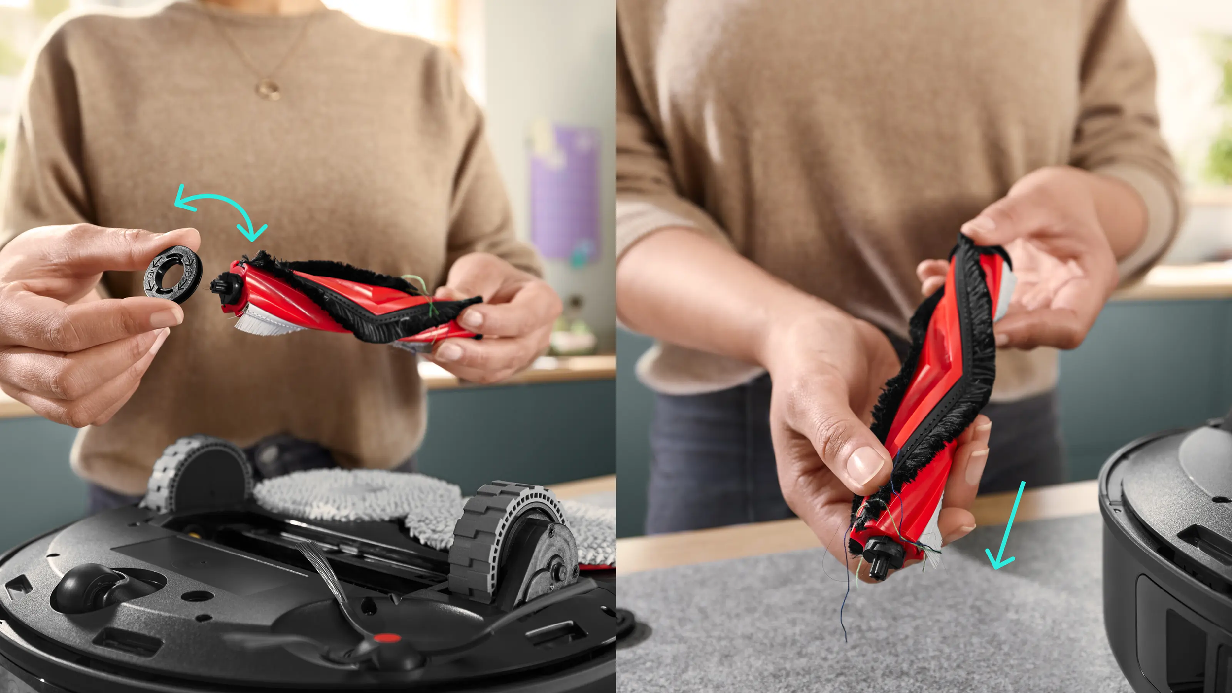 Egy személy piros és fekete kefét rögzít egy robotporszívóhoz.