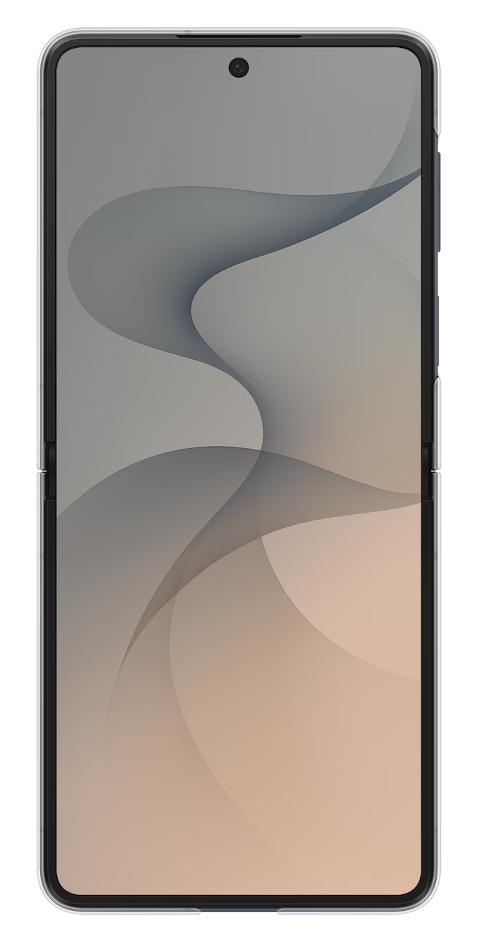 Zamknięty, pionowy smartfon z abstrakcyjnym, falistym tłem.