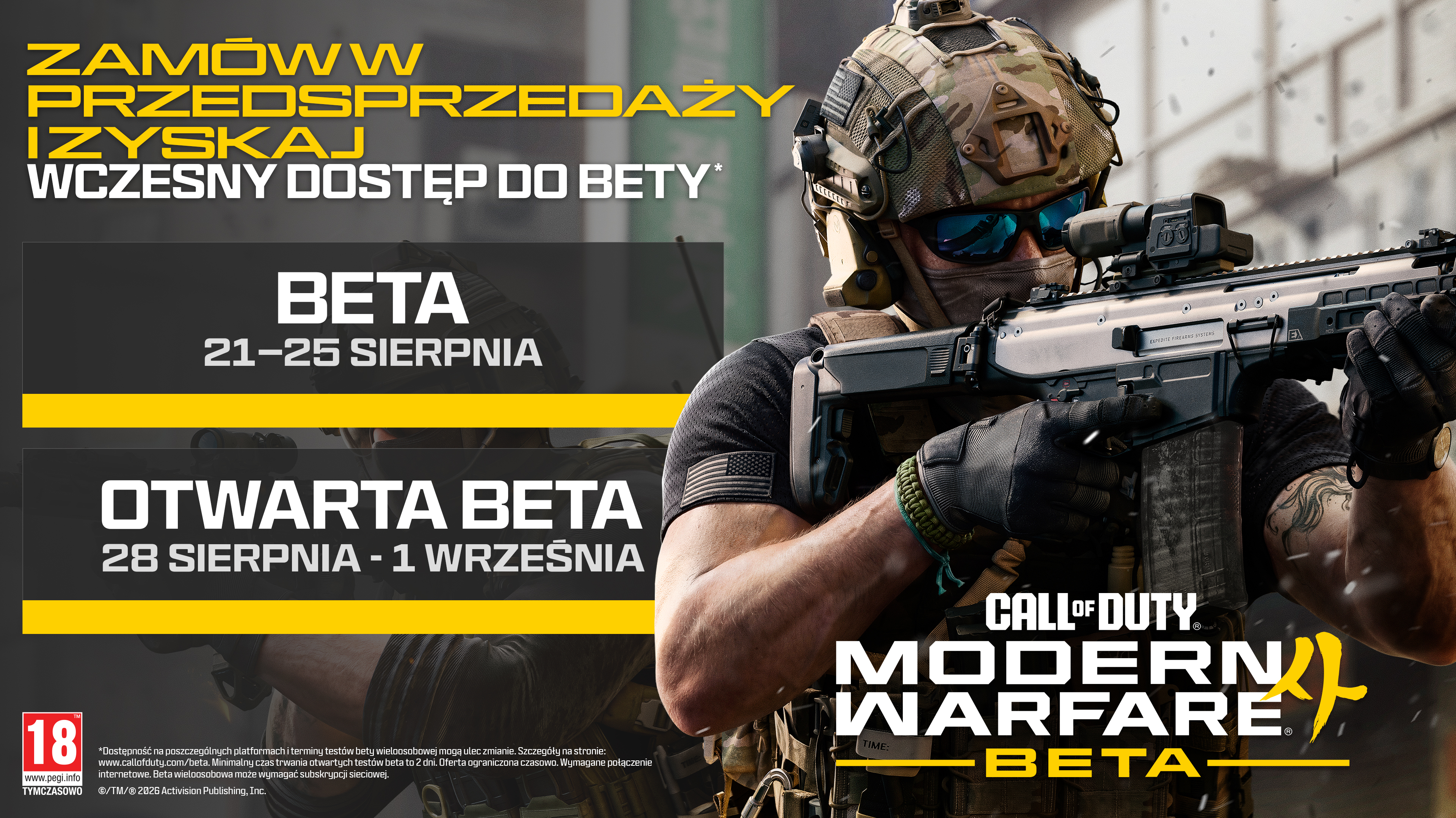 Żołnierz w hełmie i goglach trzyma karabin. Tekst o Call of Duty: Modern Warfare Beta.