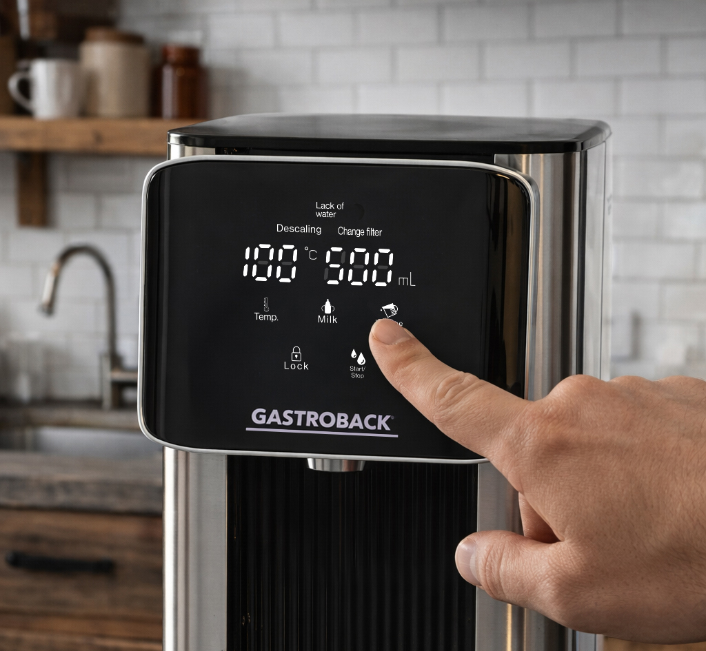 Ein Finger drückt auf den Start/Stopp-Knopf eines GASTROBACK-Geräts mit digitaler Anzeige.