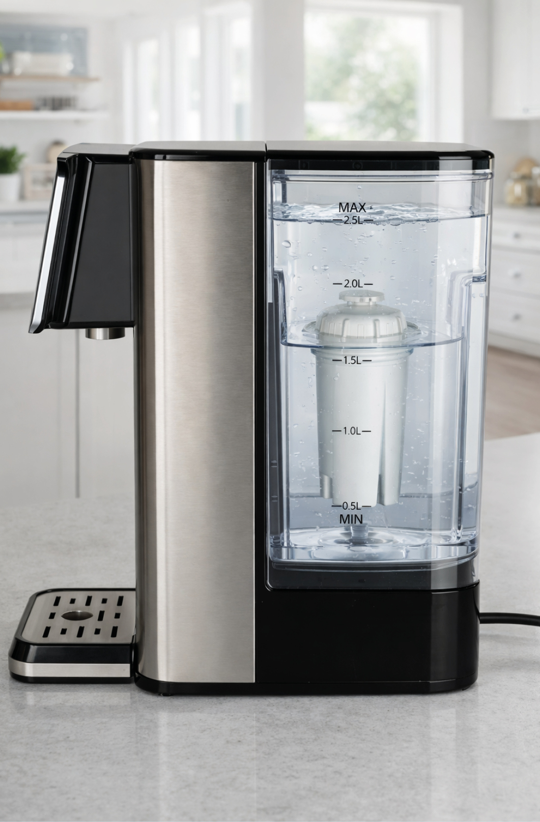 Ein Wasserspender mit Edelstahlfront, transparentem Tank und Wasserfilter.